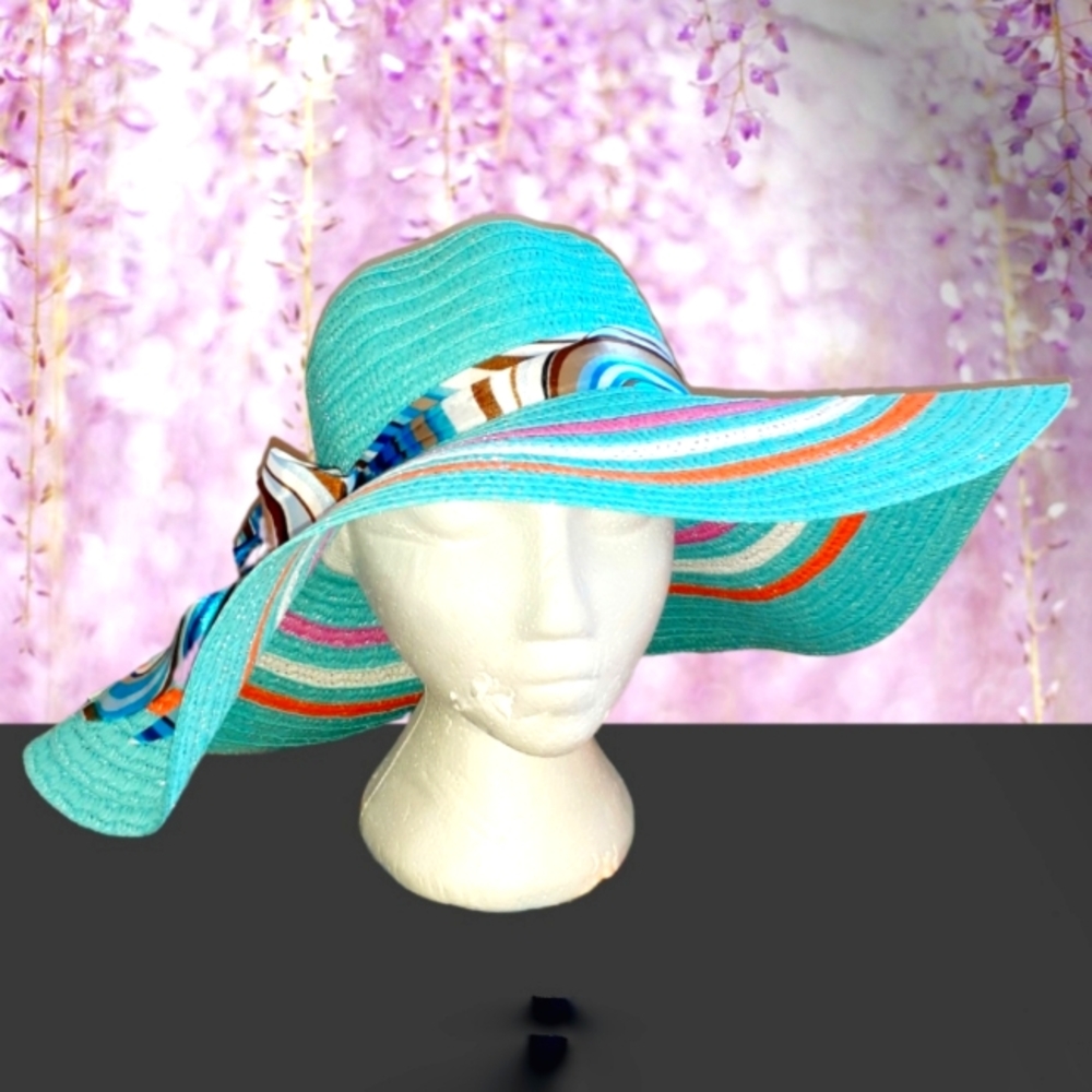 GROOVY GLAM Blue Wide Brim Straw Hat Summer Floppy Stripes